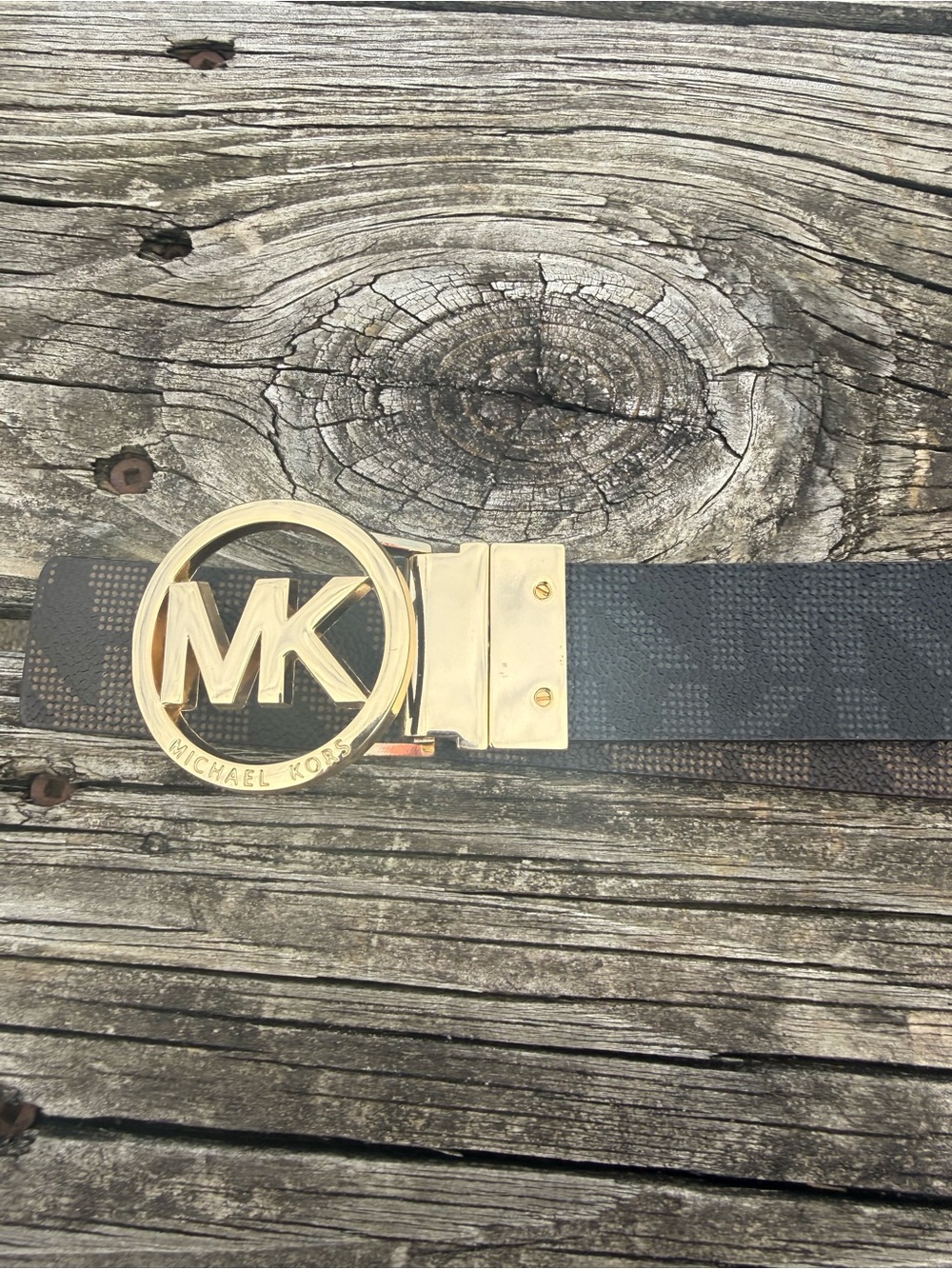 Michael Kors Reversible Black and Brown Logo Monogram Belt with Gold MK Buckle
